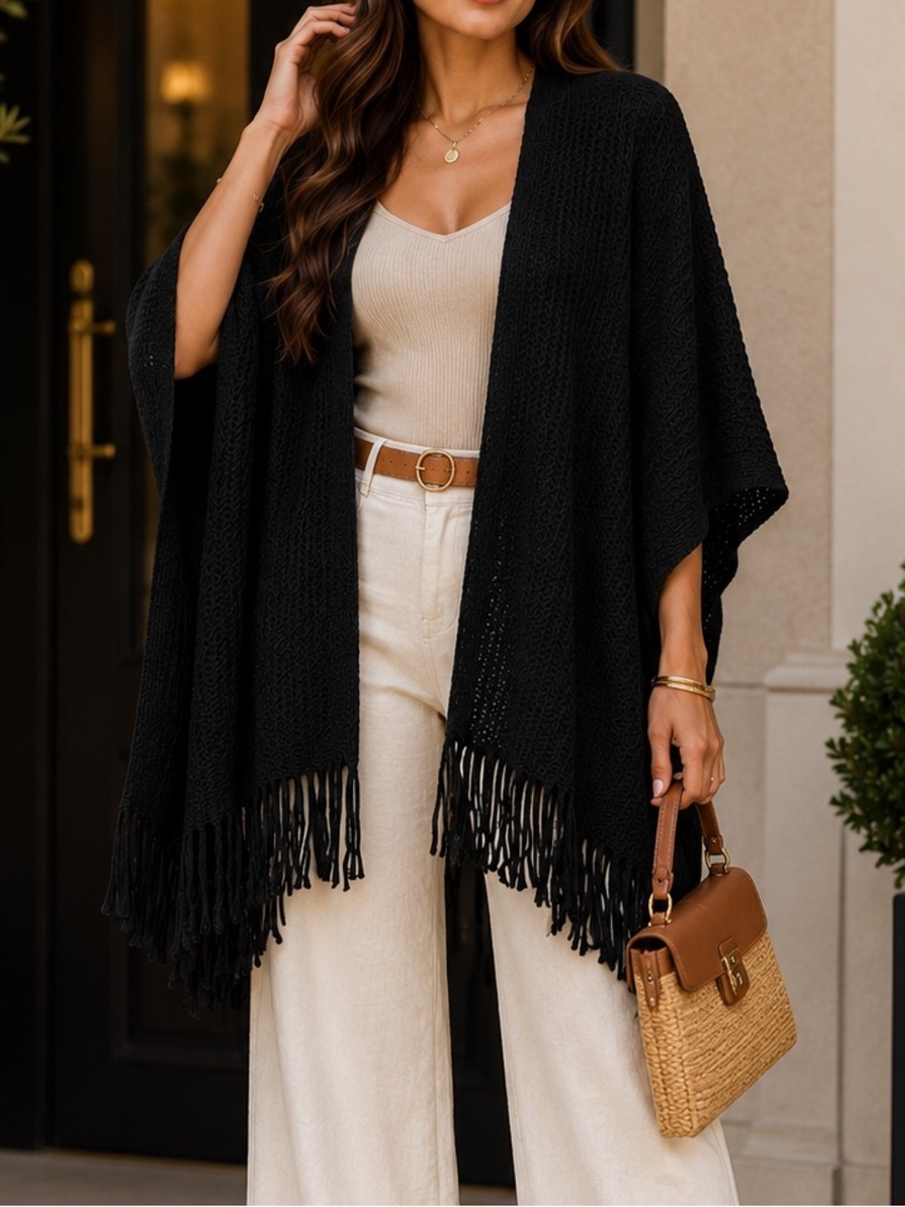 Steve Madden Black Knit Fringe Poncho Cardigan OSFM NWT Boho Chic